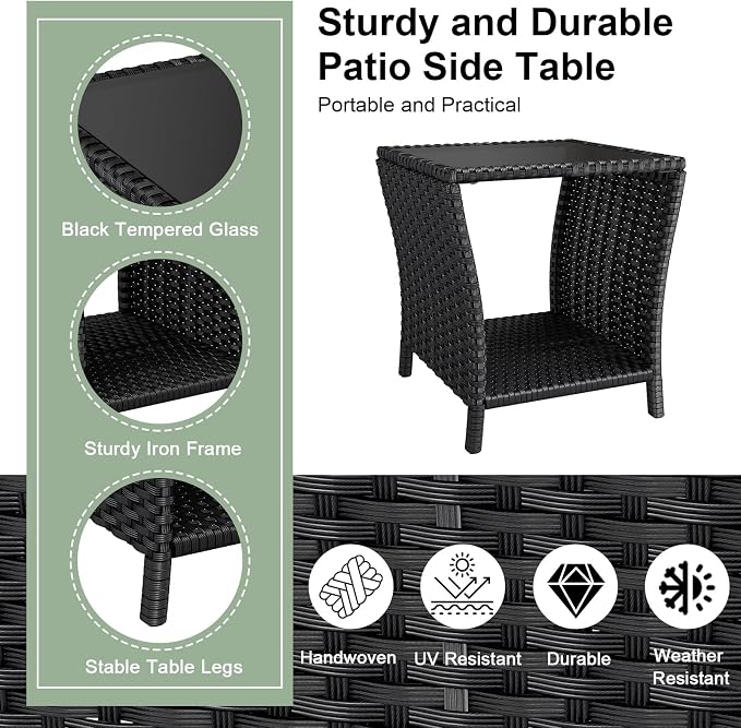 kinbor Small Outdoor Table - Tempered Glass Top Small Outdoor Wicker Side Table with Storage Shelf for Patio, Balcony & Porch, Durable PE Rattan & Iron Frame