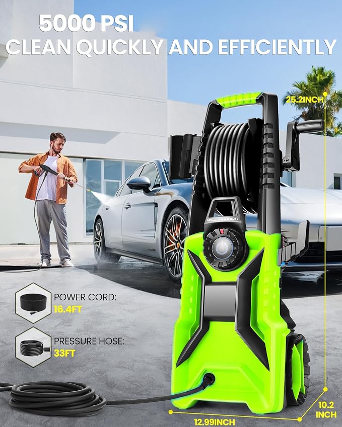 𝐄𝐥𝐞𝐜𝐭𝐫𝐢𝐜 𝐏𝐨𝐰𝐞𝐫 𝐖𝐚𝐬𝐡𝐞𝐫 𝟓𝟎𝟎𝟎𝐏𝐒𝐈 Adjustable Pressure, Power Wahser Powered with 33FT Pipe, 4 Nozzles for Home/Cars/Fences, Green