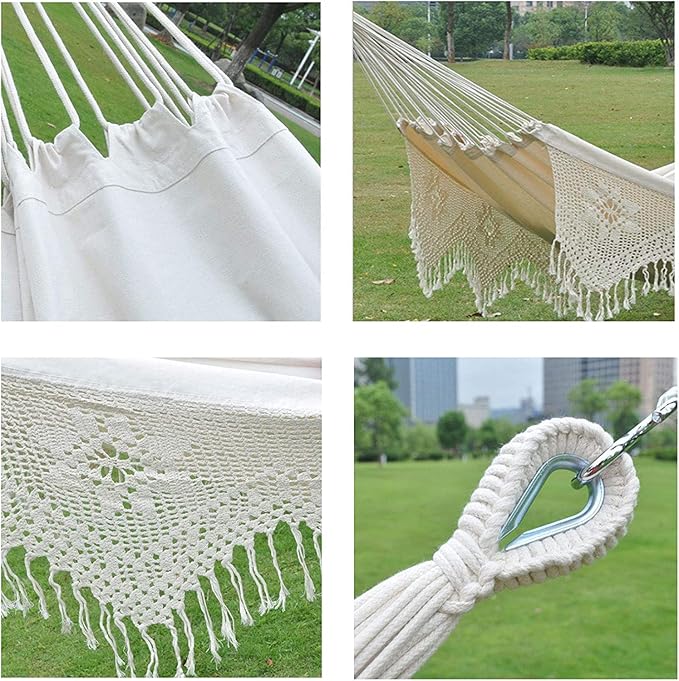 RUVOO Hammock Camping Hammock Swinging Hammock Fringed White Canvas Fabric Portable Hammock for Camping Outdoors Or Gardens and Travel Hammocks for Outside