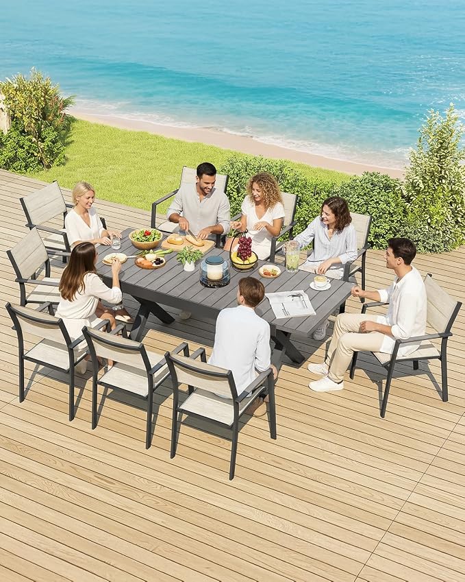 9 Pieces Expandable Outdoor Dining Set, 8 Stackable Double-Layer Textilene Chairs and 63''-83'' Expandable Patio Dining Table, Never-Rust Aluminum Patio Dining Set for Garden, Deck, Limed Oak