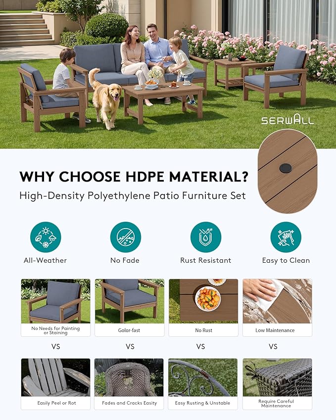 SERWALL HDPE Patio Furniture Set, 7-piece Outdoor Sectional Sofa Set, All Weather Outdoor Couch Set for Deck, Lawn, Brown Frame with Grey Cushion
