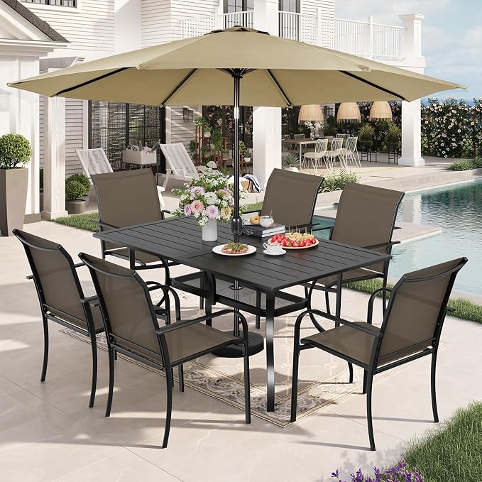 7-Piece Patio Dining Set with Umbrella,6 Person Outdoor Table and Chairs Set, 6 Metal Dining Chairs and Rectangular Outdoor Table with 1.57" Umbrella Hole,Khaki
