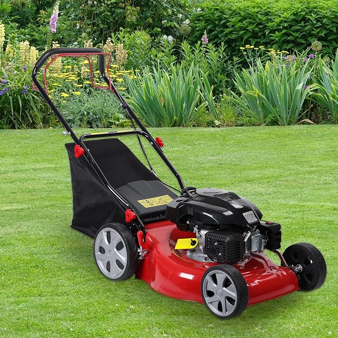 [Easy to Start] Self-Propelled Gas Lawn Mower, 20-Inch, 141cc 4-Stroke Engine, 3-in-1 Mulch/Bag/Side Discharge, 50L Grass Bag, Big Rear Wheels, 7-Position Height Adjustment Red