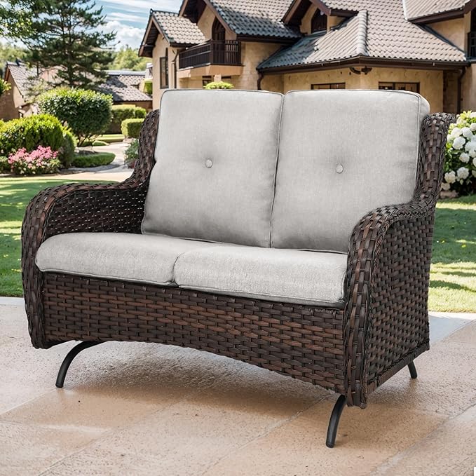 Patio Loveseat Wicker Loveseat Rattan Glider Sofa with Curved Armrest Thicking Back & Seat Cushions for Garden Balcony Backyard Brown Wicker|Beige Cushions (A) Patio Loveseat Glider