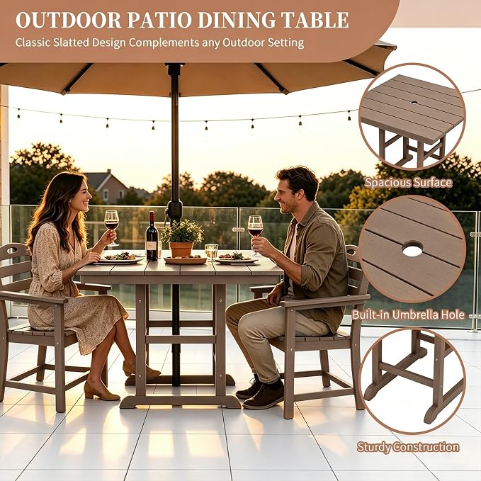 Outdoor Patio Dining Square Table and Armchair 5 Piece Set, Brown | HDPE Material, 1.77" Umbrella Hole, All-Weather, Patio Furniture, Table and 4 Chairs, For Backyard, Deck, Garden