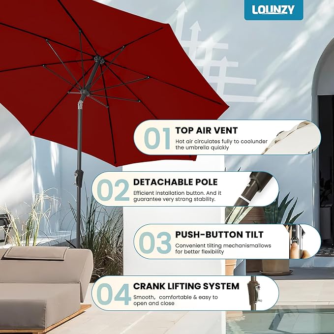 LOUNZY 9FT Large Outdoor Patio Umbrella Table Umbrella-UV Resistant,Easy Push Button Tilt and Crank,8 Sturdy Fiberglass Ribs Pool Umbrella for Patio,Backyard,Deck,Yard,Market