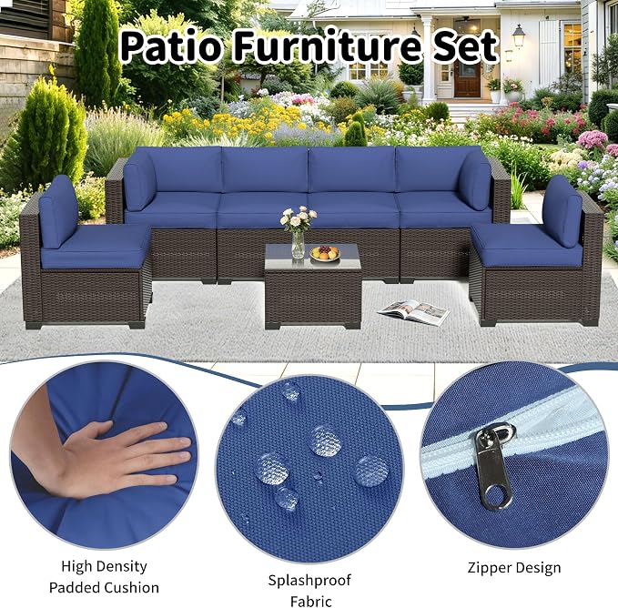 YLGJ&TIDY 7-Piece Outdoor Sectional Patio Furniture Set, All-Weather Wicker Rattan Sofa w/Thick Washable Cushions & Tempered Glass Table, Perfect for Garden, Poolside, Backyard (7, Navy Blue)