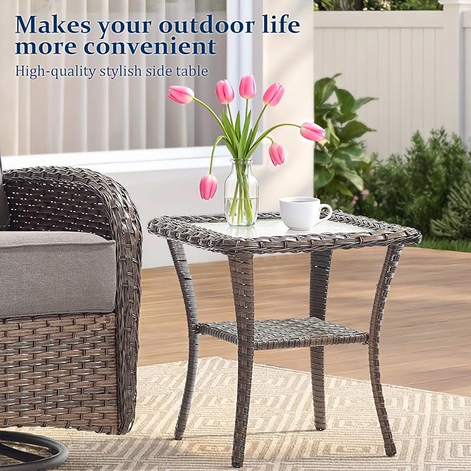 Outdoor Swivel Rocking Chair Patio Set (9pcs) High-Back - Thick Cushion Swivel Rocking Chair Patio with Fire Table Set, All-Weather Wicker Patio Furniture Set, Suitable for Balcony Patios, Brown/Gery