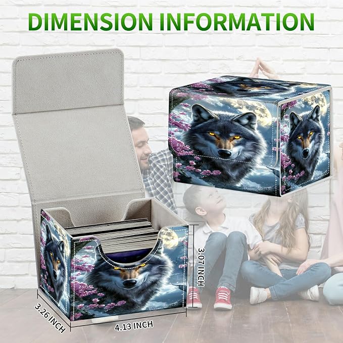 Card Deck Box for MTG, Cards Storage Box Fits 120+ Sleeved, Leather Small Size Strong Magnetic Closing Card Case for Board Games Magic TCG CCG Baseball Collection, Cherry Blossom Gray Wolf