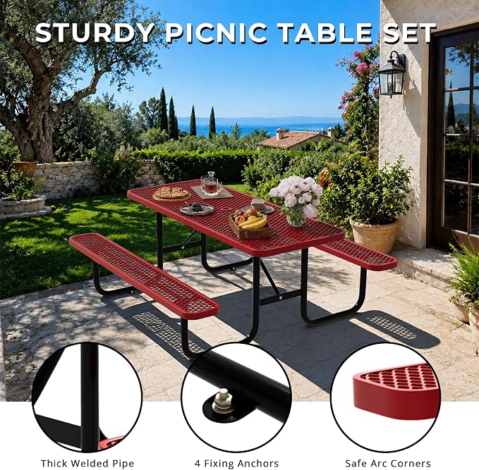 6FT Rectangular Steel Outdoor Picnic Table, Commercial Picnic Table Bench Set with Umbrella Hole, Weather-Resistant Heavy Duty School Dining Table for Stores, Park, Patio, Garden, Backyard, Red