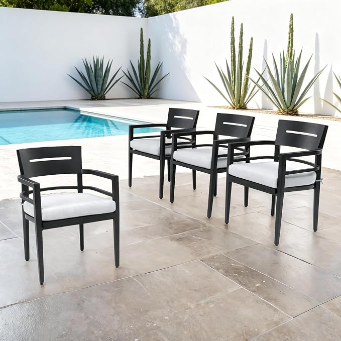 4 Piece Aluminum Dining Chairs Set, Outdoor/Indoor Stationary Dining Chairs with Comfortable Fabric Cushions &Tapered Feet for Garden, Backyard, Poolside, Bistro, Ember Black