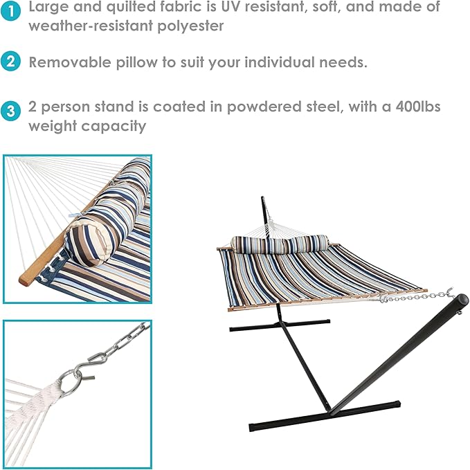 Sunnydaze Quilted Double Hammock with 12-Foot Stand and Pillow - 350-Pound Capacity - Black Stand - Ocean Isle