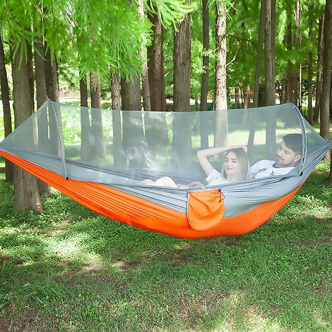 LFL Portable Camping Hammock with Mosquito Net, 1-2 Person Outdoor Swing Hammock, Nylon Parachute Material, Quick Opening Hammock with Net, Hiking Travel Courtyard (Orange)