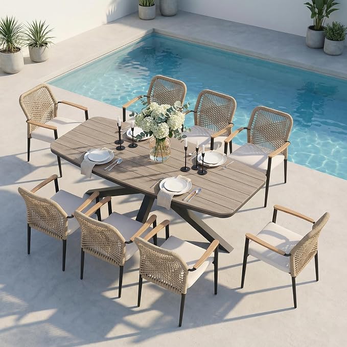 SUNSITT 9 Piece Outdoor Patio Dining Set, Patio Dining Furniture Set with 87” Aluminum Dining Table w/X Base Legs and 8 Woven Wicker Patio Chairs w/WPC Armrests for Garden, Dark Grey