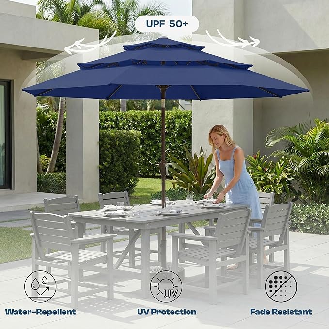 10ft Patio Umbrella, 3 Tier Outdoor Market Table Umbrellas with 8 Fiberglass Ribs and Push Button Tilt, Windproof, Vented Canopy, UV Protection for Deck, Pool, Backyard