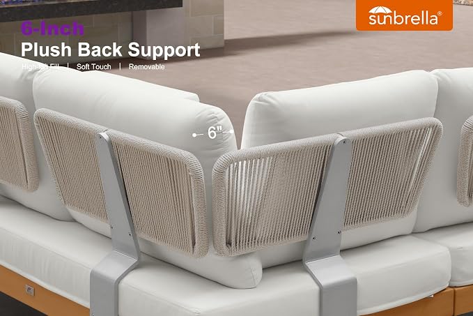 PURPLE LEAF Patio Furniture Set Outdoor Sectional Sofa with Fade-Resistant Cushions Coffee Table Wicker L-Shaped 6 Pieces Aluminum Conversation Sets with Ottoman for Balcony Yard Poolside, White