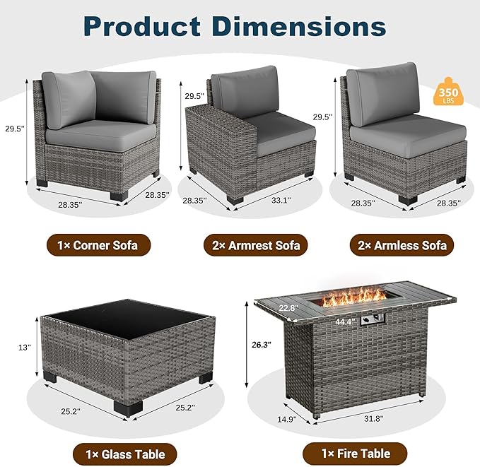 13 Piece Patio Furniture Set with Fire Pit Table, Outdoor Conversation Sets Grey Wicker Rattan Sectional Sofa, 4'' Thickened Cushion Dark Grey
