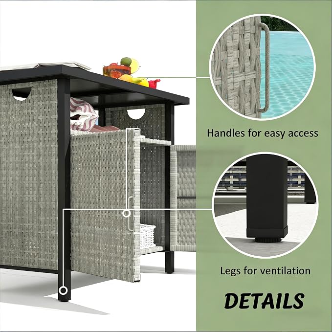 PE Rattan Outdoor Storage Box and Poolside Towel Cabinet, Weather-Resistant Wicker Deck Box with Wood Grain Steel Top and Open Shelf for Patio Organization, 35.4 x 19.7 x 35.4 Inches, Gray