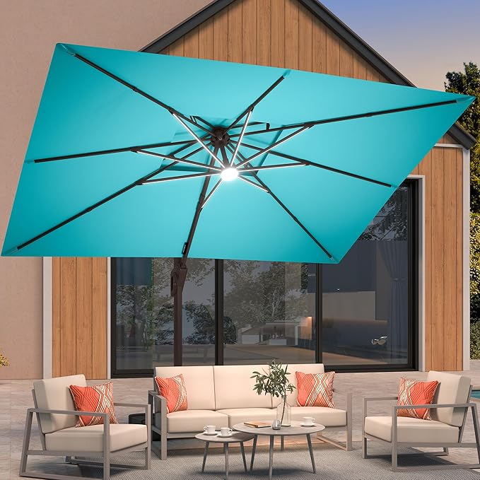 Deconk 9' X 12' Patio Umbrella with LED Lights Outdoor Cantilever Large Rectangle Offset Umbrellas Heavy Duty Aluminum Double Top with 360-degree Rotation for Pool Garden Deck, Turquoise