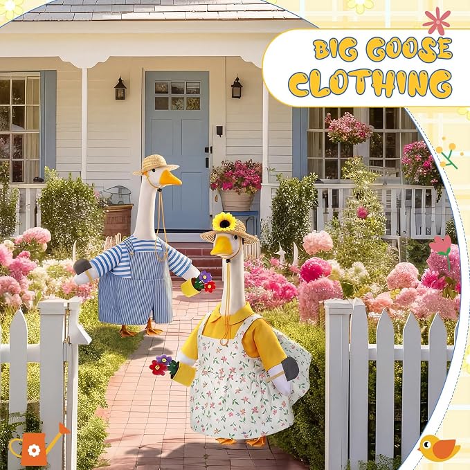 FuWeave 2 Set Porch Goose Outfit Spring Gardener Goose Clothes with Small Flower Pot for 23" Cement Outdoor Patio Yard Decor (Sunflower)