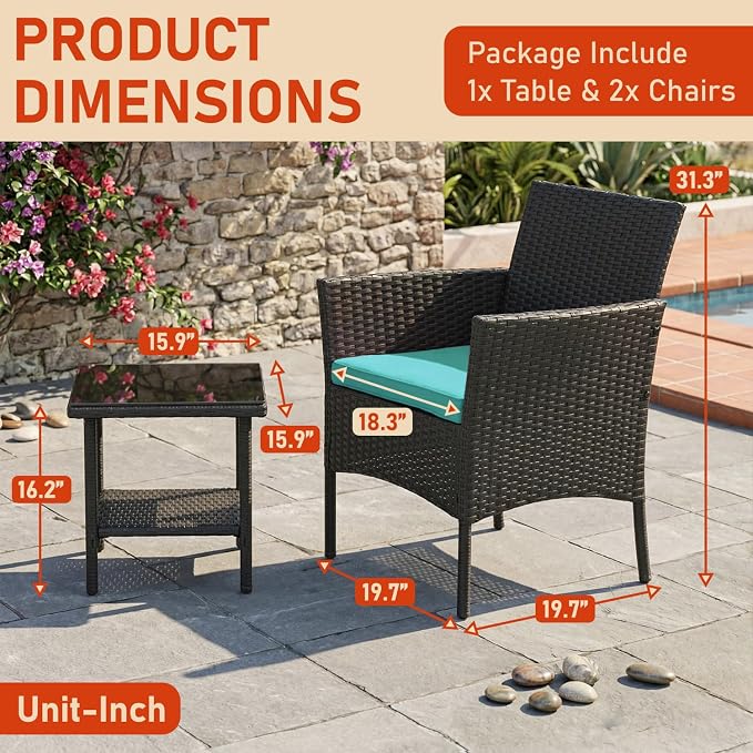 NChanmar 3 Pieces Patio Furniture Outdoor Bistro Set Outdoor&Indoor Conversation Set Coffee Table Chairs Set for 2 with Water-Resistant Cushions for Lawn Yard Garden Porch Balcony and Pool,Blue