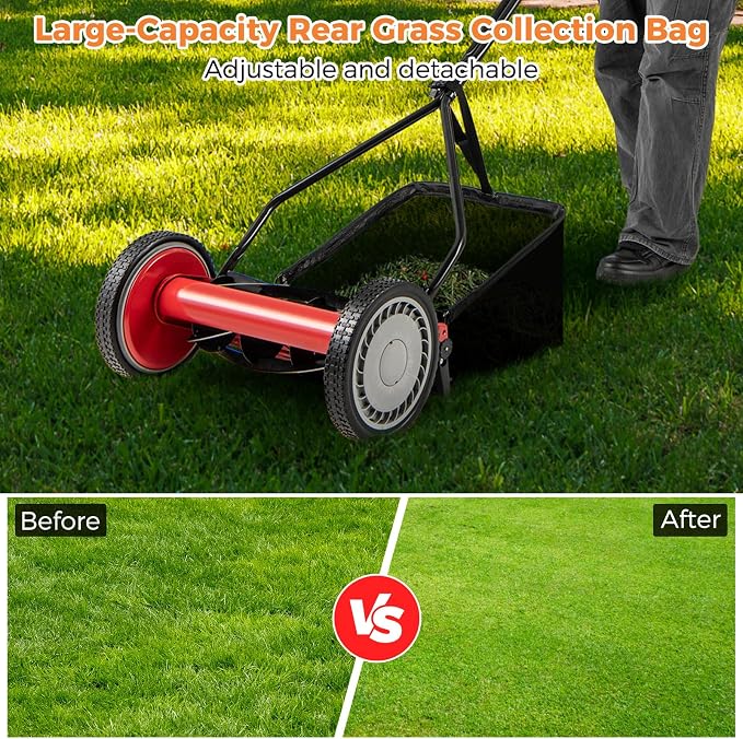 Push Lawn Mower, 14" Manual Rear Mower with 5 Steel Blades, Adjustable Cutting Heights & Grass Catcher Bag, Walk-Behind Grass Cutter Lawn Sweeper for Garden, Park & Yard (Red)