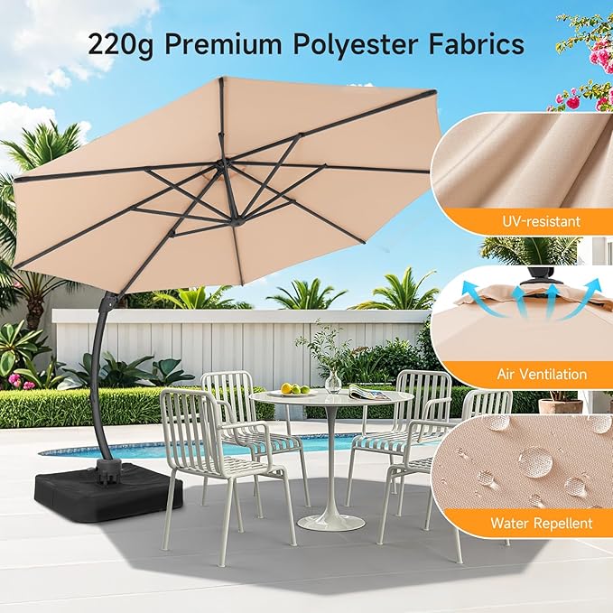 11 FT Outdoor Patio Umbrella with Base, Aluminium Curved Cantilever Umbrella, Large Round Hanging Offset Umbrella with Unlimited Position Adjustment and 360°Rotation for Market Garden Pool, Champagne