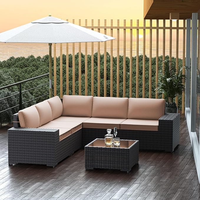 6 PCS Outdoor Patio Furniture Set,Outdoor Sectional Furniture All Weather PE Rattan Wicker Patio Conversation Set with Coffee Table and 5 Thickened Cushions,Sand