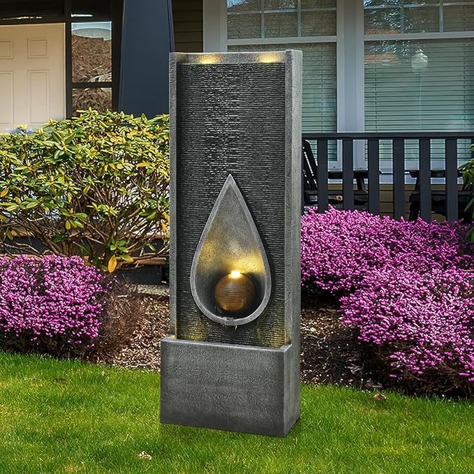 53'' Outdoor Garden Water Fountain with Lights Cascading Large Waterfall Floor Standing Fountain for Patio, Backyard, Deck, Porch and Home Art Decor