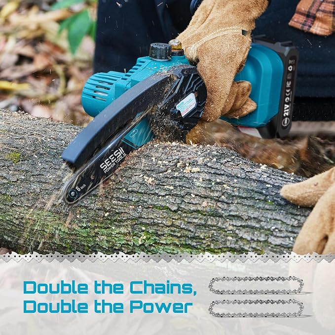 SEESII Mini Chainsaw 6 inch,Cordless Chainsaw w/ 2x2000mAh Batteries,Oiler System & Replacement Chain,Handheld Electric Chain Saw w/Safety Lock,Battery Powered Chainsaw for Wood Tree Cutting, M6 Plus