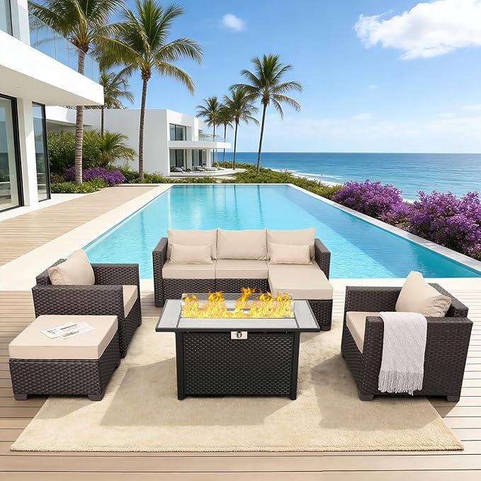Patio Furniture Set 6-Piece Outdoor Furniture Set with 45'' Propane Gas Fire Pit Table Outdoor Conversation Set Wicker Sofa Set Non-Slip Cushions Waterproof Covers, Khaki