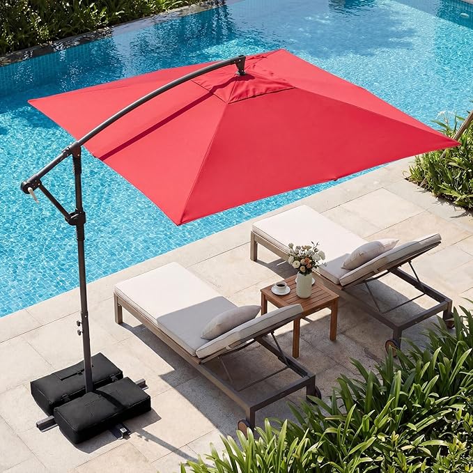 Tangkula 8x8 FT Patio Umbrella with Base Included, Square Offset Cantilever Outdoor Umbrella with 360 Degree Rotation, Crank Handle, Sandbags, 8 Ribs for Pool Deck Garden Backyard