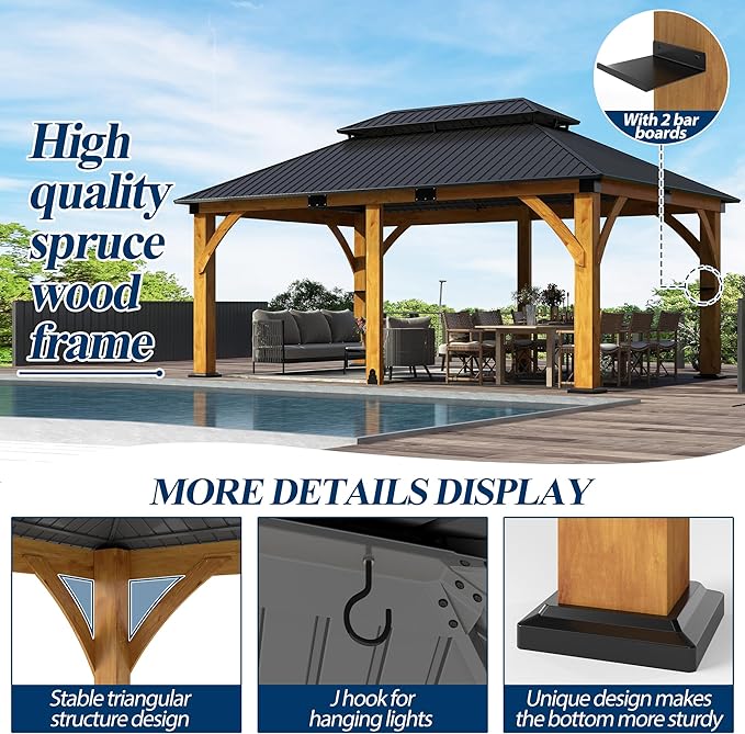 COVERONICS 12FT x 20FT Outdoor Spruce Wood Gazebo - Patio Wooden Frame Gazebo with Galvanized Steel Double Roof, Heavy-Duty Hardtop Gazebos for Garden, Poolside, Deck, Backyard