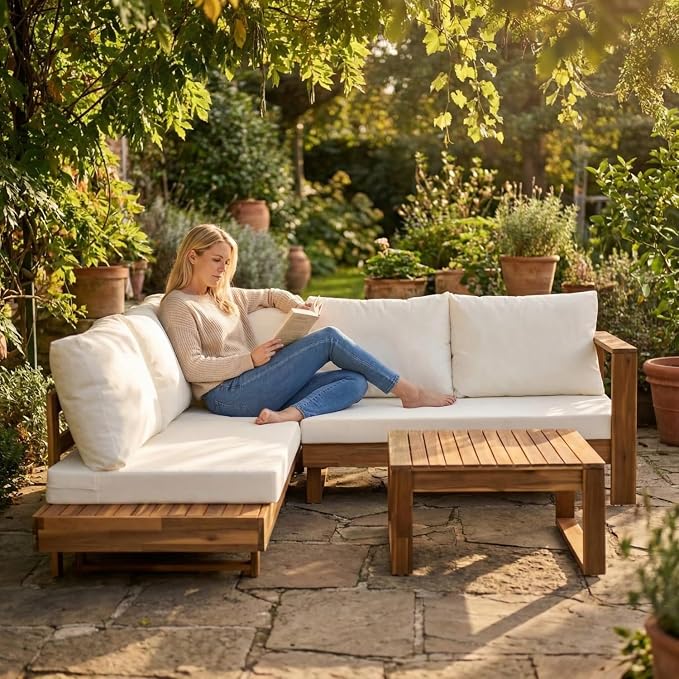 Patio Furniture Set of 4, Outdoor Sectional Furniture with Coffee Table, All-Weather Patio Conversation Set for Backyard, Garden and Poolside (Series C)