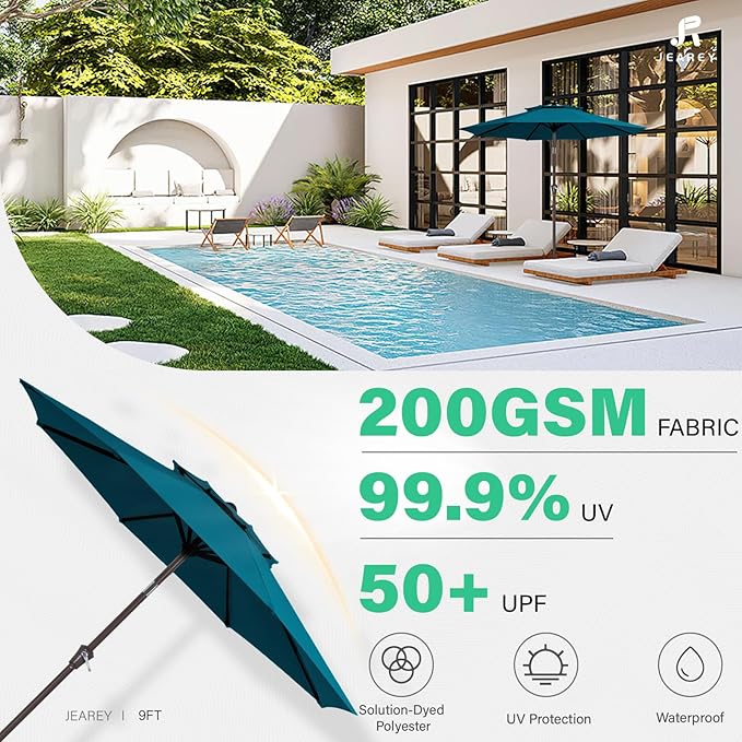 JEAREY 9' 2-Tiers Patio Umbrellas Outdoor Table Market Umbrella w/Push Button Tilt/Crank, 8 Sturdy Ribs, UV Protection Waterproof Sunproof(Cerulean)