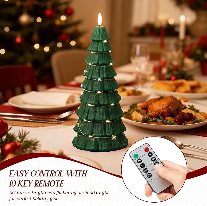 Christmas Tree Candles with Remote, Christmas Flameless Candles with Embedded Star String Fairy Lights, Battery Operated Candles, Flickering Xmas Flameless Candles for Table Decor