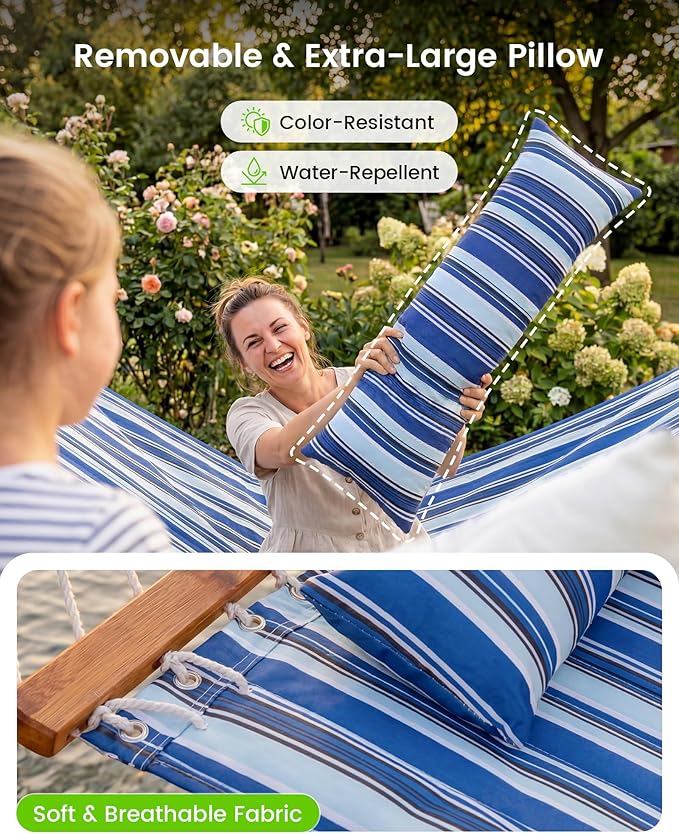 Double Quilted Outdoor Hammock for 2 Adults, 500lb Capacity Backyard & Camping Hammock with Pillow and Bamboo Spreader Bar, Fits 11–15ft Hammock Stands (Stand Not Included),Blue