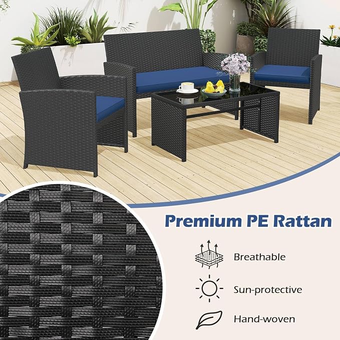 RELAX4LIFE 4-Piece Patio Furniture Set - Wicker Rattan Outdoor Sectional Sofa Set w/Glass Coffee Table, Loveseat, 2 Chairs & Soft Cushions, Bistro Conversation for Garden Porch (1, Black-Navy)