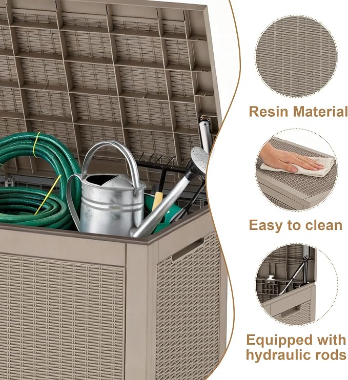 120 Gallon Outdoor Storage Deck Box Waterproof Resin Lockable Outside Bench Porch Patio Furniture Pool Float Garden Tool Cushion UV Resistant Bin Beige