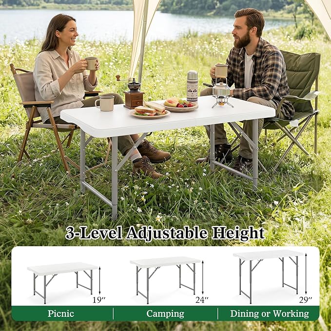 Goplus 4 FT Portable Camping Table, Adjustable Fold-in-Half Table with HDPE Tabletop & Metal Legs, Patio Folding Dining Table with Safety Lock & Carrying Handle for Party, Picnic & Fishing