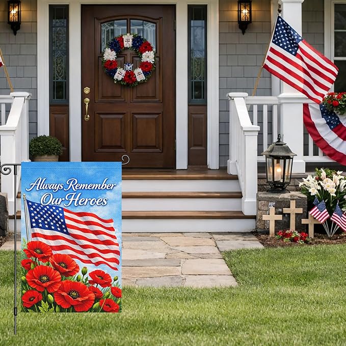 Heyfibro Memorial Day Always Remember Our Heroes Garden Flag 12x18 Inch Double Sided 4th of July House Flags Patriotic Veteran Independence Day Flag for Outside Yard Decorations