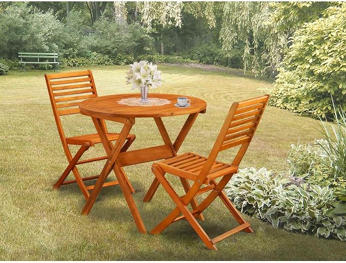 East West Furniture MNBS3CWNA 3 Piece Outdoor Conversation Bistro Set Contains a Round Acacia Wood Coffee Table and 2 Folding Side Chairs, 30x30 Inch, Natural Oil