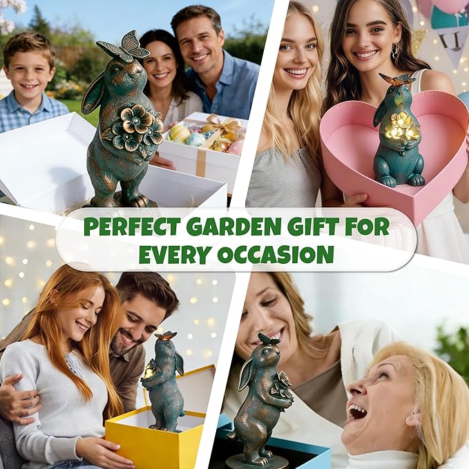 Solar Garden Statues, Resin Bunny Statue w/ Flower, Waterproof Figurine Rabbit Solar Lantern for Outside Yard Outdoor Home Patio Lawn, Solar Animal Lights for Adults Women Birthday Easter Gifts