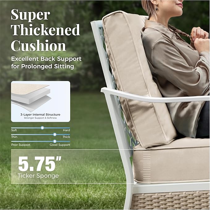 4 Piece Metal Patio Furniture Set, 5-Seat All Weather Outdoor Conversation Set with 3-Seat Sofa & 2 Fixed Chairs & 47'' Coffee Table, Outdoor Furniture Set for Backyard, Deck, Garden, White/Light Grey