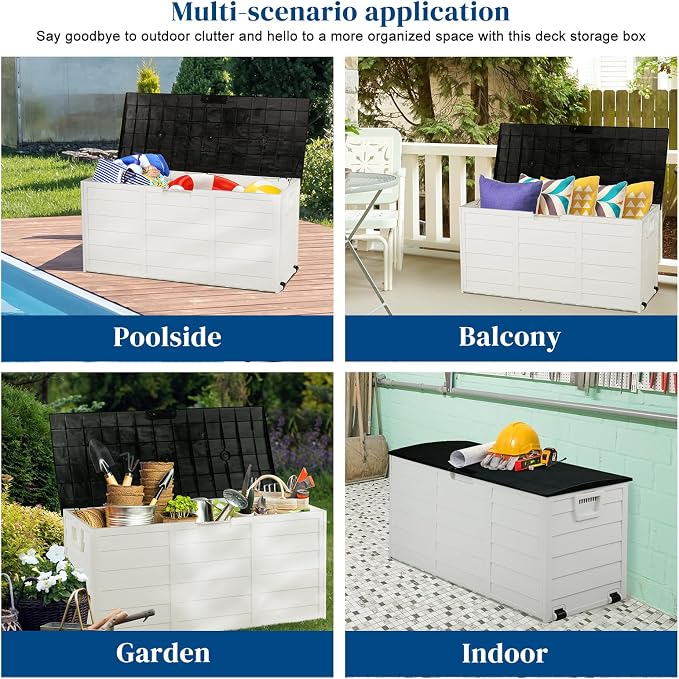 75 Gallon Large Outdoor Storage Box, Indoor and Outside Deck Box with Lockable Design Lids, Waterproof Resin Storage Containers Bin for Garden Garage Patio Poolside Toy Storage Black & White