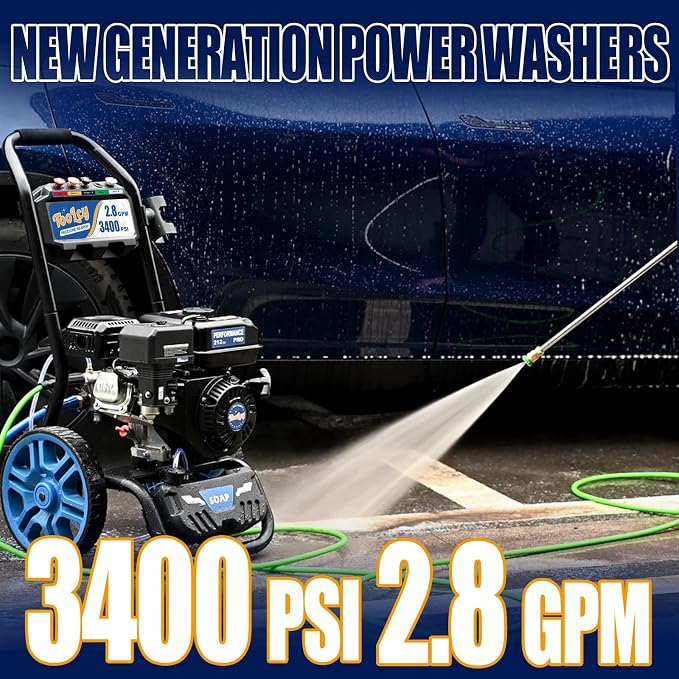 TOOLCY 3400 PSI Gas Pressure Washer, 2.8 GPM Power Washer with 212cc OHV Engine, Axial Pump, 50 FT Pressure Hose, Quick-Connect Swivel Spray Gun & 5 Nozzles for Cars, Driveways, Patios & Home