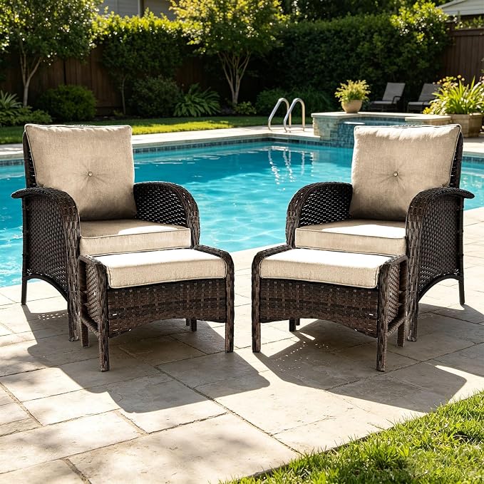 SHGJ&SOFT All Weather Patio Furniture Set, High Back Swivel Rocker Glider Chairs，Ottomans & Glass Tables, Outdoor Conversation Set for Deck Porch Yard Poolside (Brown, 4PCS-Chairs&Ottomans)