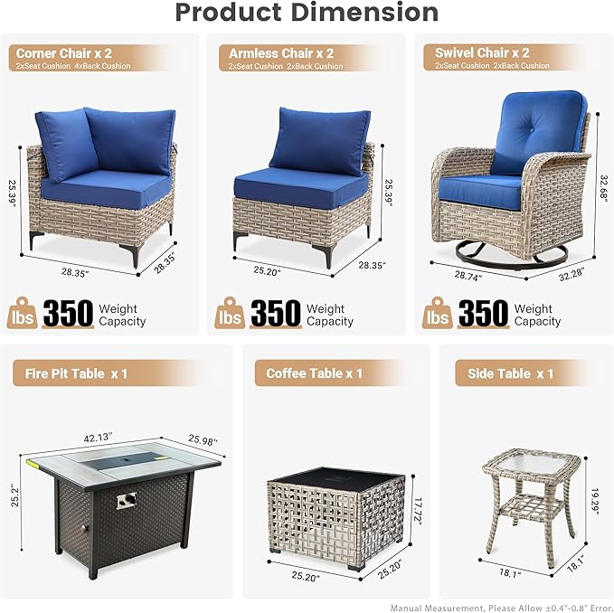 Outdoor Patio Furniture Sets,9 PCS Patio Conversation Set Outside Rattan Sectional Sofa with 42 in Fire Pit Table Wicker Rocking Chair Coffee Table Fit Backyard Porch Garden Poolside Balcony