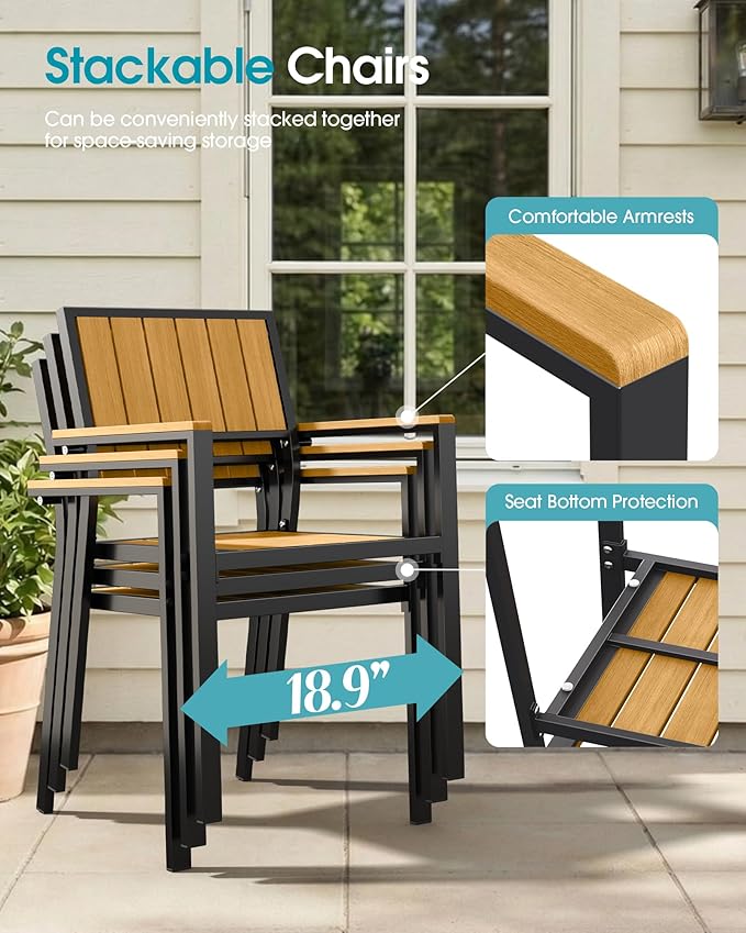 Ciokea Aluminum Patio Dining Chairs Set of 2, Outdoor Stackable Chairs with Wide Seat, All-Weather HDPS Oversized Porch Chair for Backyard, Poolside, Lawn & Garden, Deck | 2-Piece, Teak