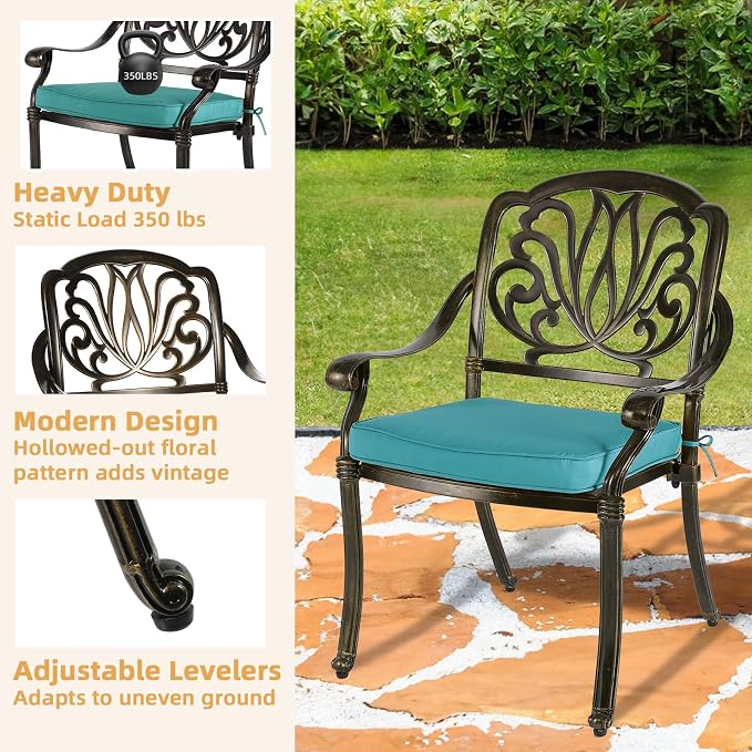 5-Piece Outdoor Patio Dining Set, All-Weather Cast Aluminum Patio Furniture Set for Backyard Garden Deck with 4 Chairs, 4 Cushions and 35.4” Square Table, 2.2" Umbrella Hole, Blue